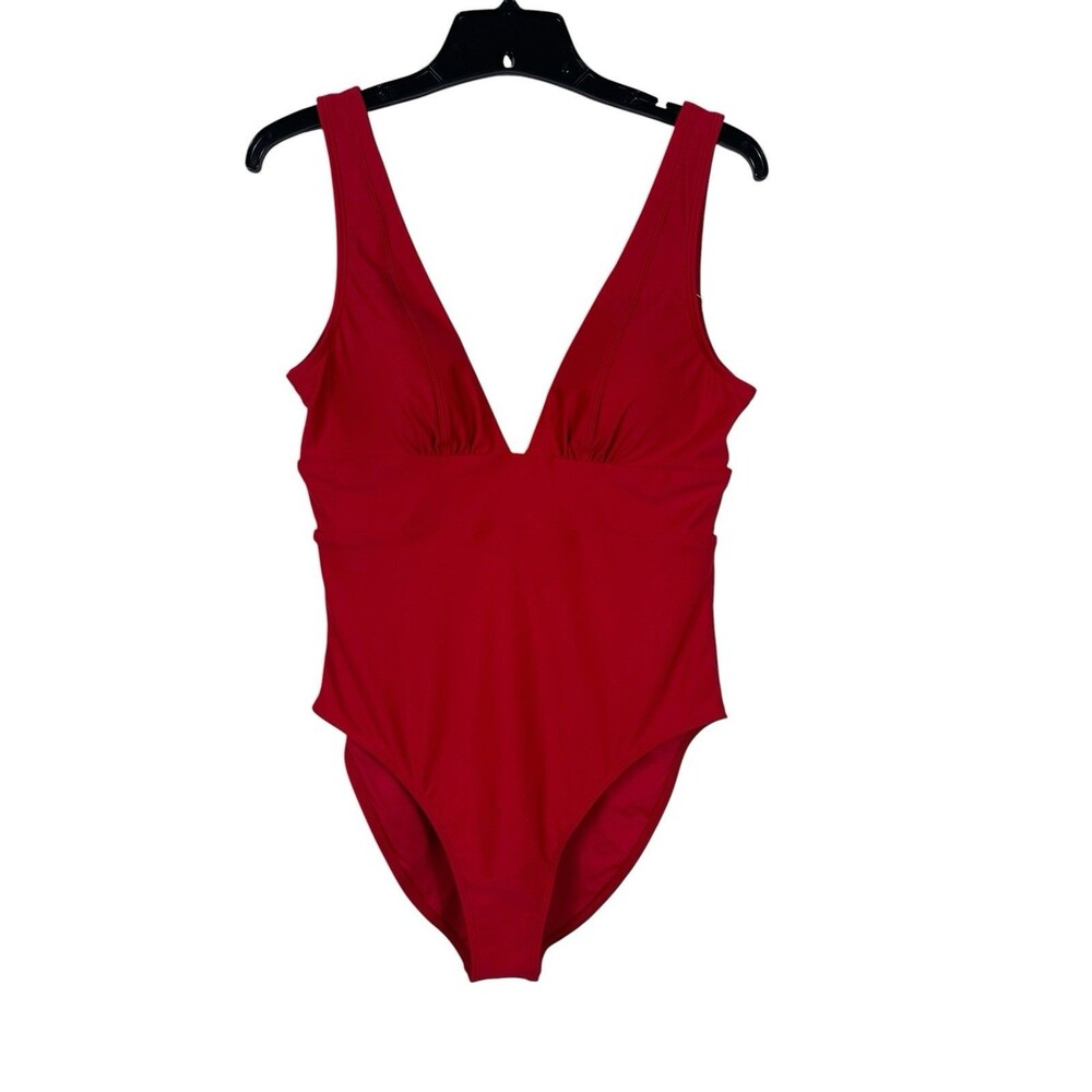 Quince Womens Red One Piece L Swimsuit Plunge V-Neck Ruched Tummy Control NWT